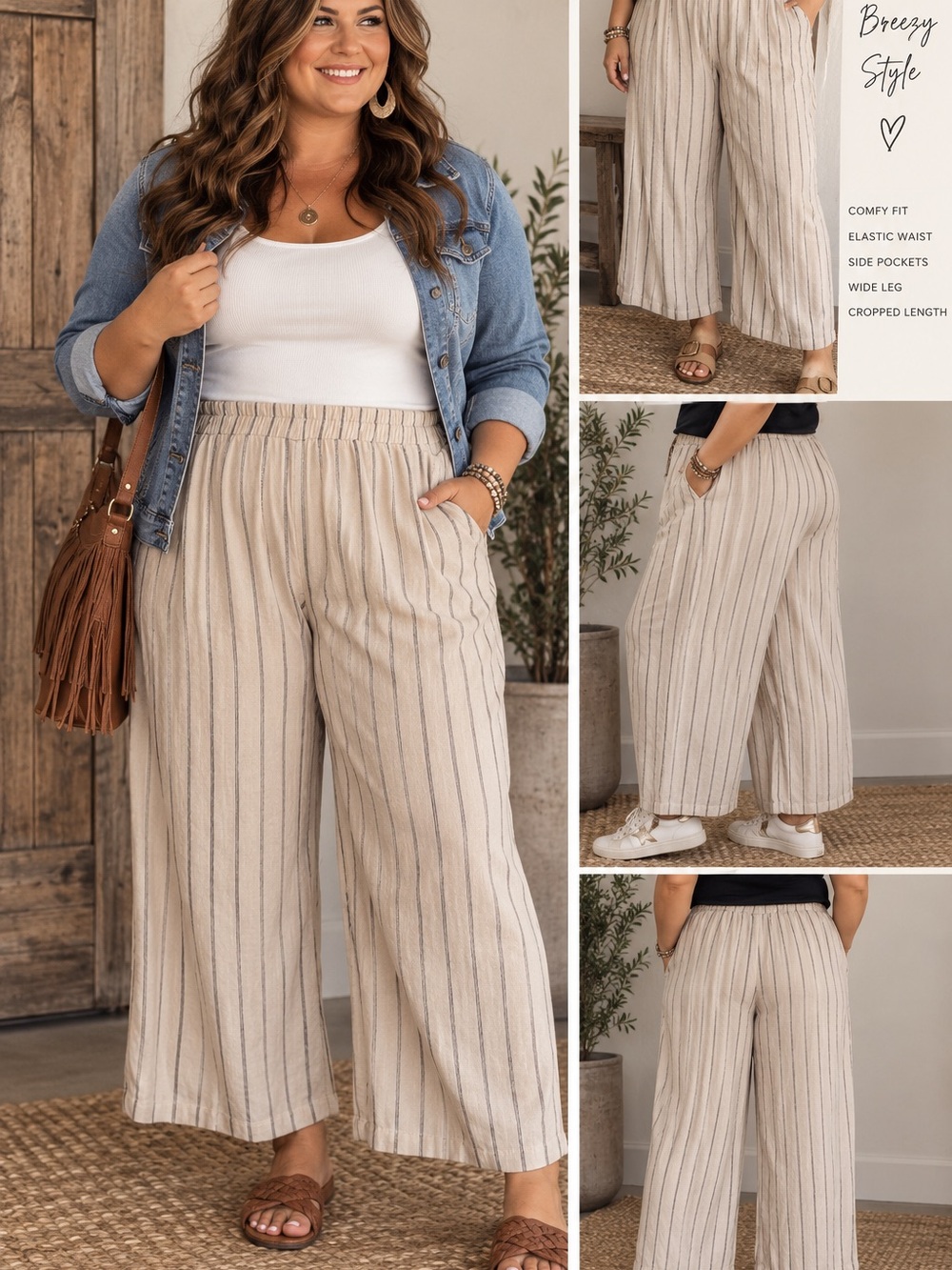 Breezy Style Women's Wide-Leg Striped Cropped Pants - Beige